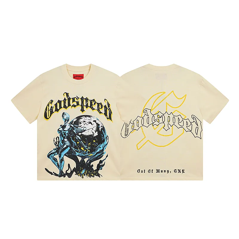 3055# P110 Real shot Godspeed American fashion rock street retro loose printed cotton short sleeves Fabric: 240g 32 count fine cotton double yarn pure cotton Color: apricot Size: S M L XL
