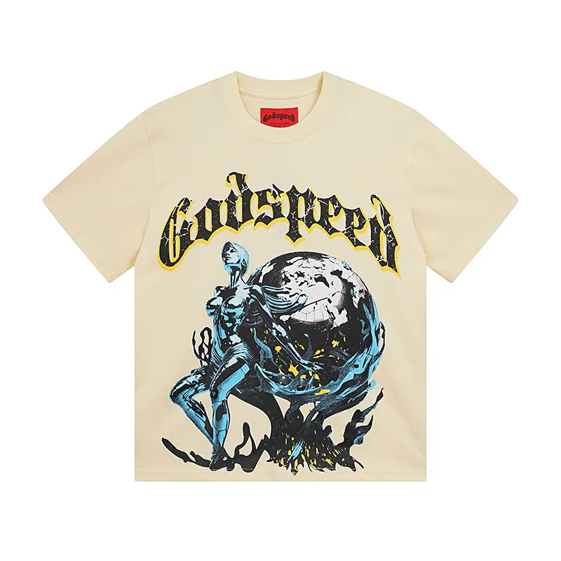 3055# P110 Real shot Godspeed American fashion rock street retro loose printed cotton short sleeves Fabric: 240g 32 count fine cotton double yarn pure cotton Color: apricot Size: S M L XL