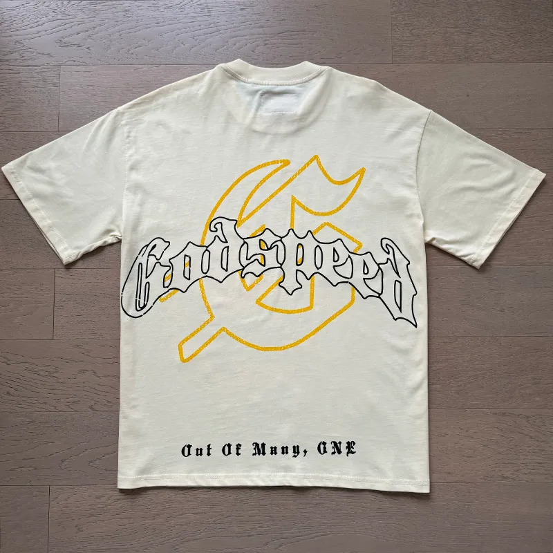 3055# P110 Real shot Godspeed American fashion rock street retro loose printed cotton short sleeves Fabric: 240g 32 count fine cotton double yarn pure cotton Color: apricot Size: S M L XL