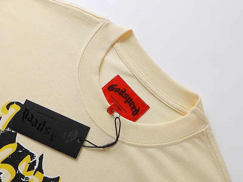 3055# P110 Real shot Godspeed American fashion rock street retro loose printed cotton short sleeves Fabric: 240g 32 count fine cotton double yarn pure cotton Color: apricot Size: S M L XL