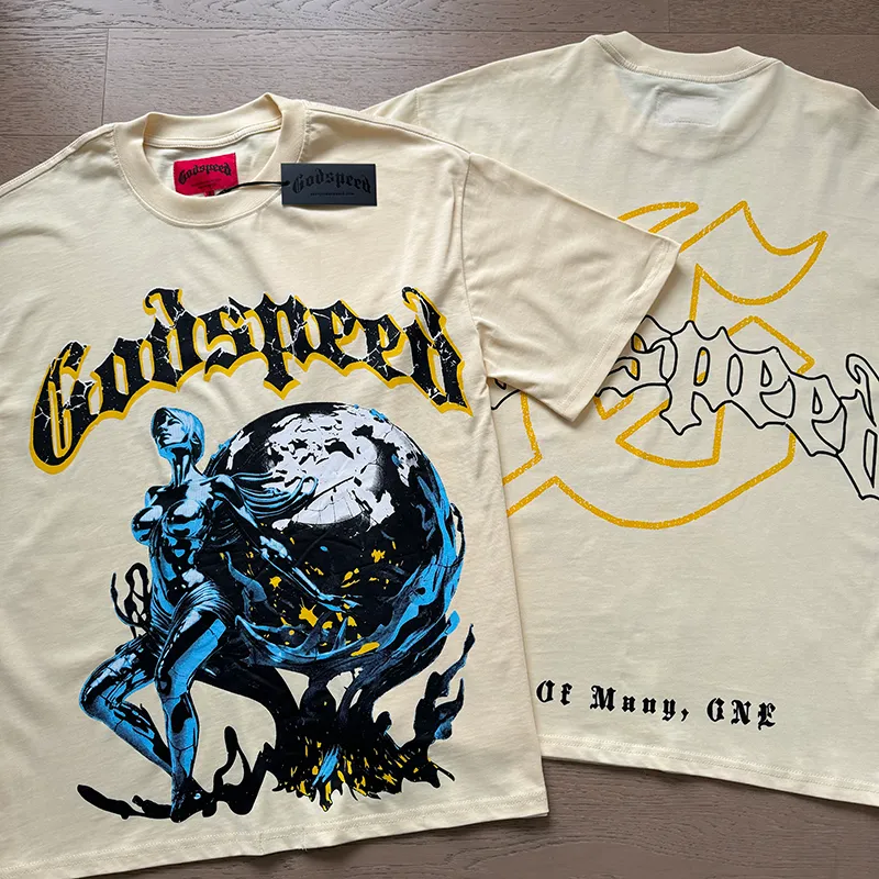 3055# P110 Real shot Godspeed American fashion rock street retro loose printed cotton short sleeves Fabric: 240g 32 count fine cotton double yarn pure cotton Color: apricot Size: S M L XL