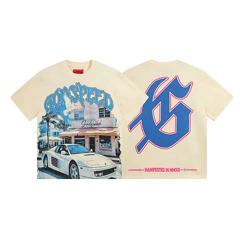 3070# P110 Real shot Godspeed American fashion rock street retro loose printed cotton short sleeves Fabric: 240g 32 count fine cotton double yarn pure cotton Color: apricot Size: S M L XL