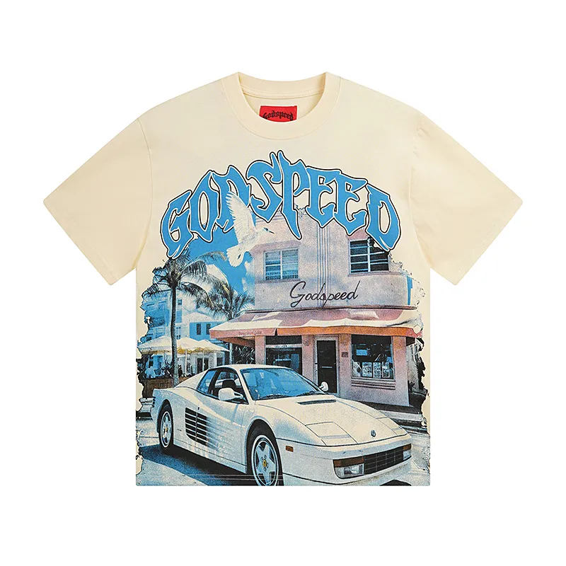 3070# P110 Real shot Godspeed American fashion rock street retro loose printed cotton short sleeves Fabric: 240g 32 count fine cotton double yarn pure cotton Color: apricot Size: S M L XL