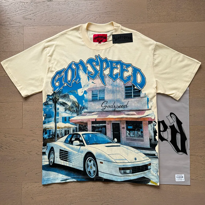 3070# P110 Real shot Godspeed American fashion rock street retro loose printed cotton short sleeves Fabric: 240g 32 count fine cotton double yarn pure cotton Color: apricot Size: S M L XL