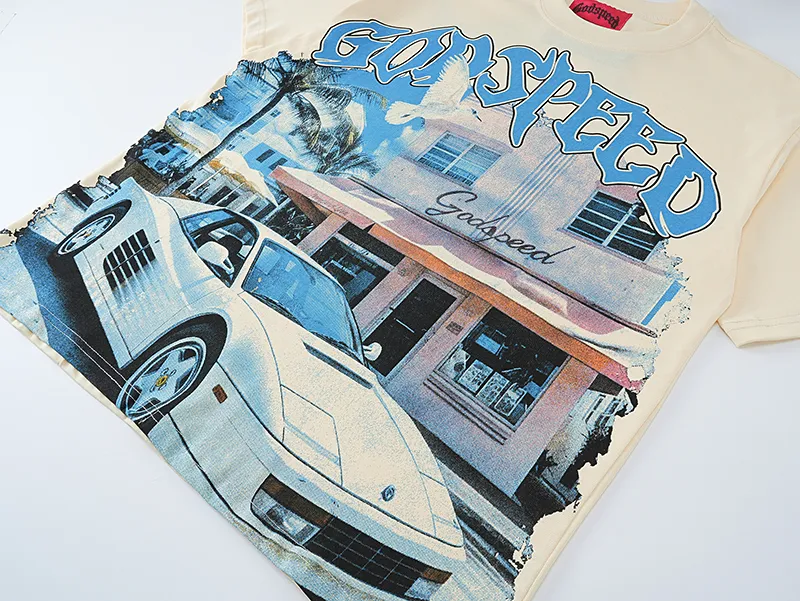 3070# P110 Real shot Godspeed American fashion rock street retro loose printed cotton short sleeves Fabric: 240g 32 count fine cotton double yarn pure cotton Color: apricot Size: S M L XL