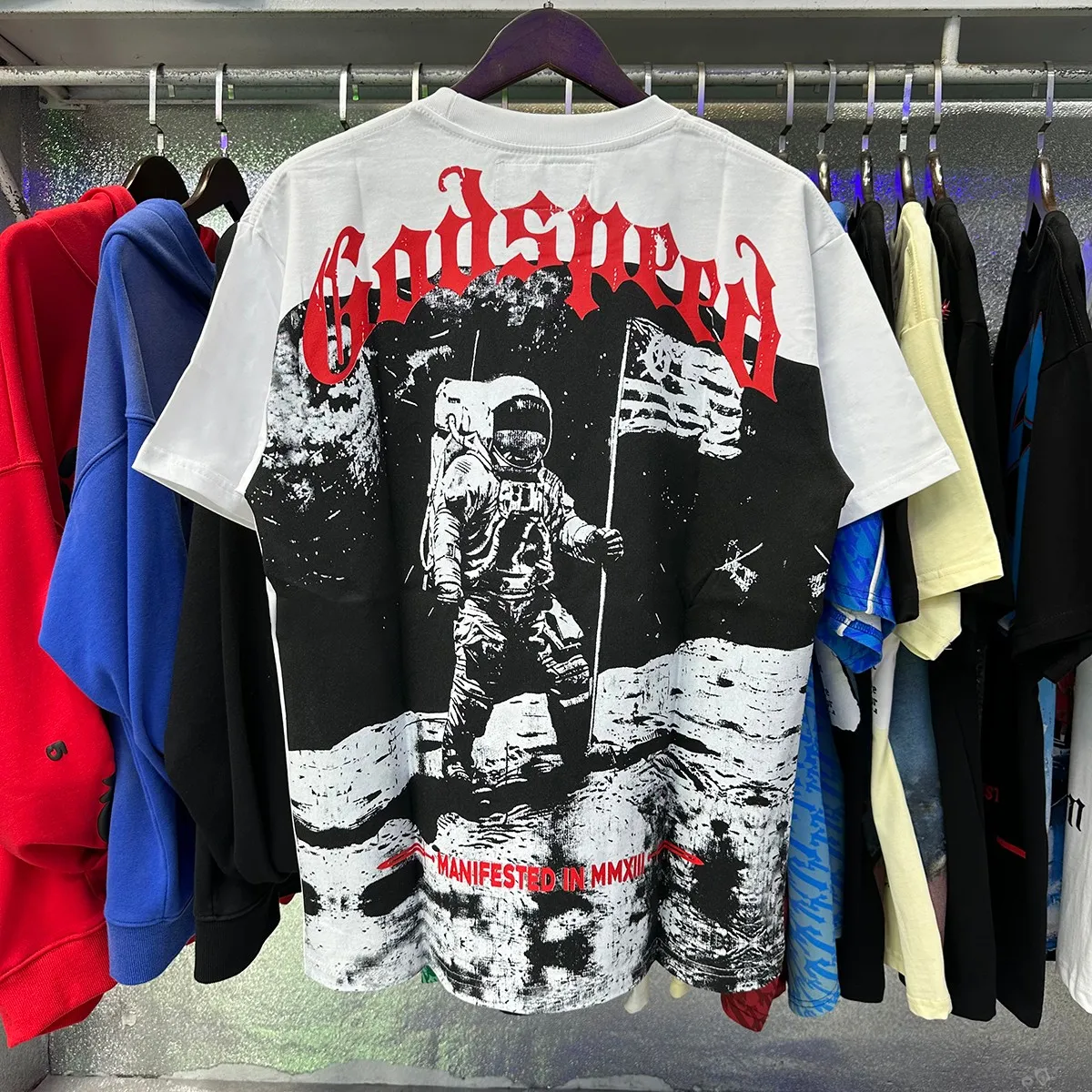 Actual photo, No. 7068, Mechao Godspeed astronaut moon landing print high weight double yarn pure cotton casual short-sleeved T-shirt batch 110 Color: black, white; Size: S M L XL
