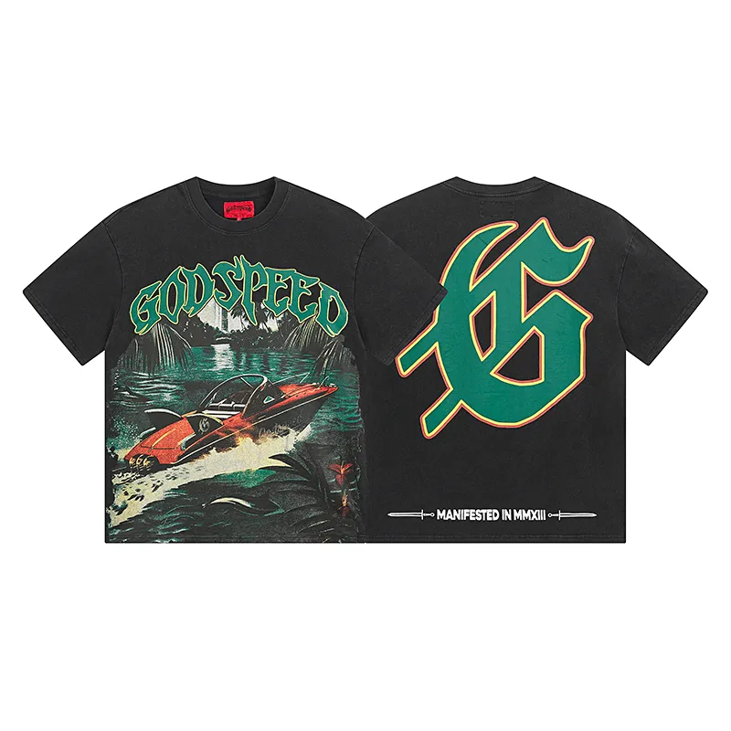 1067# P126 Washed Black Real Shot Godspeed American Fashion Rock Street Retro Washed Distressed Printed Pure Cotton Short Sleeves Fabric: 250g 32 Count Fine Cotton Double Yarn Pure Cotton Color: Washed Black Size: S M L XL
