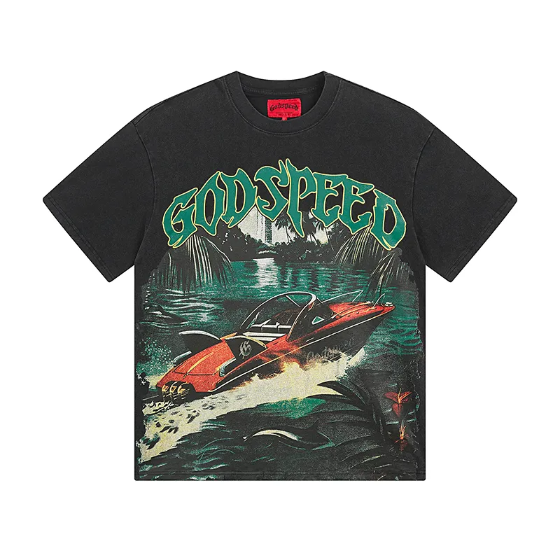 1067# P126 Washed Black Real Shot Godspeed American Fashion Rock Street Retro Washed Distressed Printed Pure Cotton Short Sleeves Fabric: 250g 32 Count Fine Cotton Double Yarn Pure Cotton Color: Washed Black Size: S M L XL