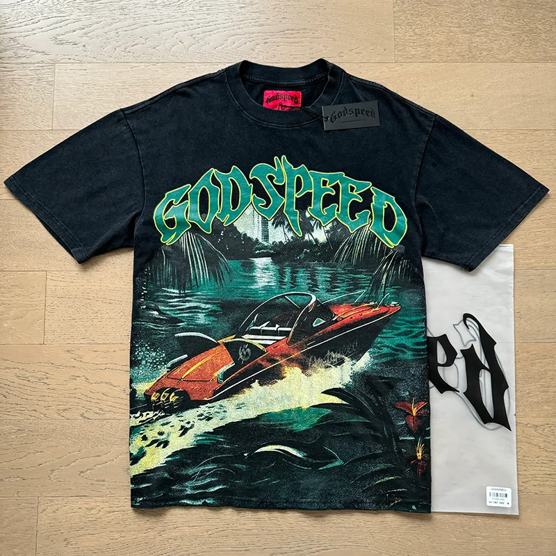 1067# P126 Washed Black Real Shot Godspeed American Fashion Rock Street Retro Washed Distressed Printed Pure Cotton Short Sleeves Fabric: 250g 32 Count Fine Cotton Double Yarn Pure Cotton Color: Washed Black Size: S M L XL