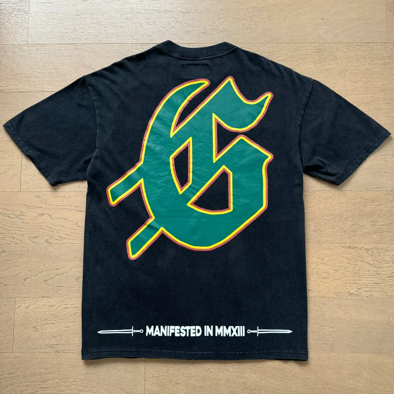 1067# P126 Washed Black Real Shot Godspeed American Fashion Rock Street Retro Washed Distressed Printed Pure Cotton Short Sleeves Fabric: 250g 32 Count Fine Cotton Double Yarn Pure Cotton Color: Washed Black Size: S M L XL