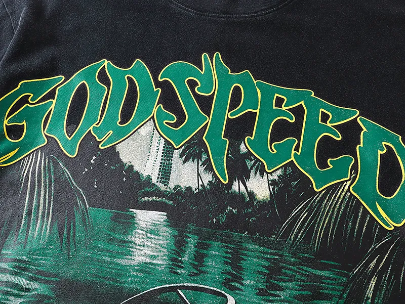 1067# P126 Washed Black Real Shot Godspeed American Fashion Rock Street Retro Washed Distressed Printed Pure Cotton Short Sleeves Fabric: 250g 32 Count Fine Cotton Double Yarn Pure Cotton Color: Washed Black Size: S M L XL