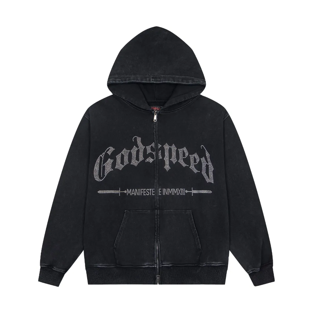 G58# GodSpeed ​​Rhinestone Washable Zip Sweater Size S-XL Black P240