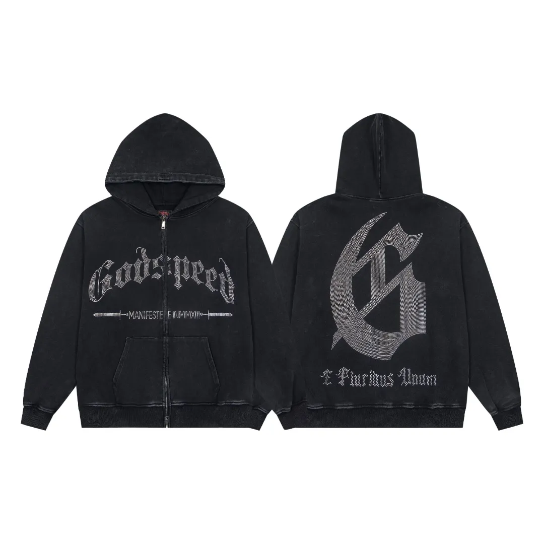 G58# GodSpeed ​​Rhinestone Washable Zip Sweater Size S-XL Black P240