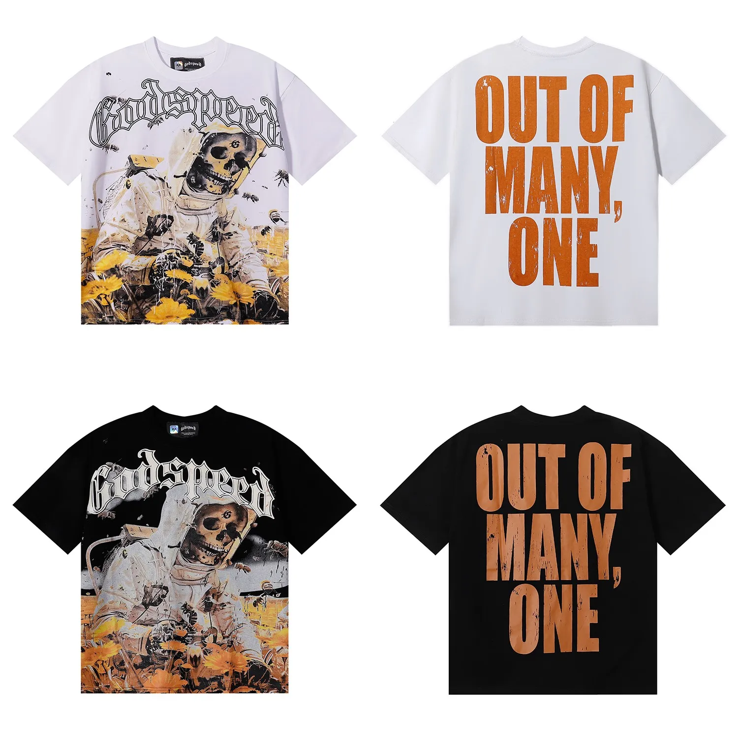 No. 7057, American fashion Godspeed skull bee sunflower print high quality double yarn pure cotton short-sleeved T-shirt batch 110 Color: black, white; Size: S M L XL