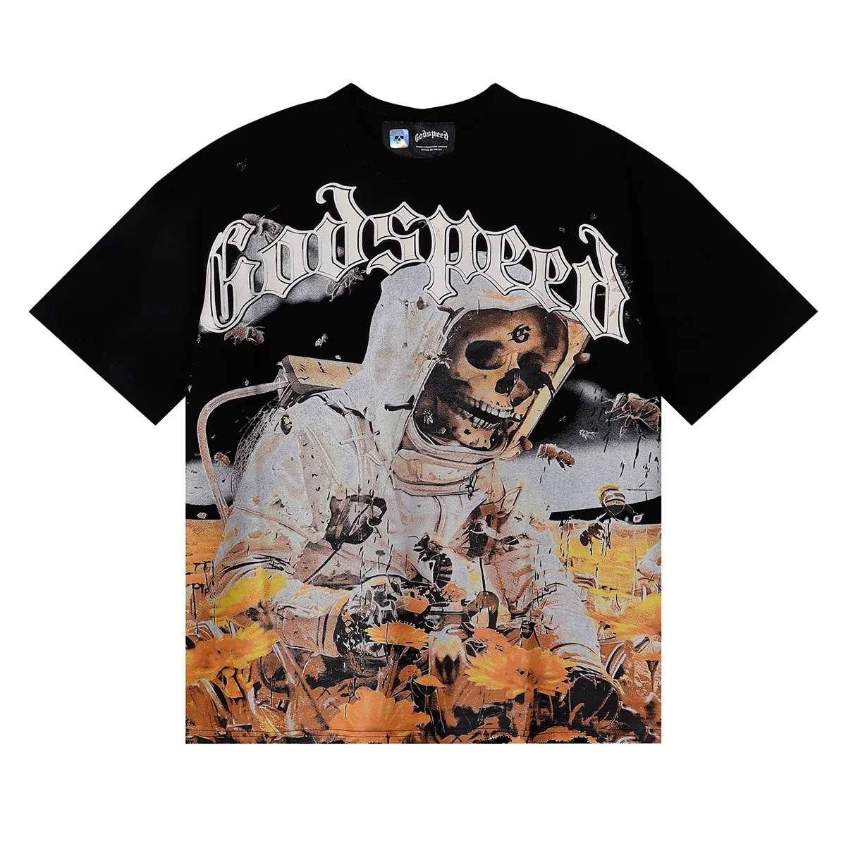 No. 7057, American fashion Godspeed skull bee sunflower print high quality double yarn pure cotton short-sleeved T-shirt batch 110 Color: black, white; Size: S M L XL