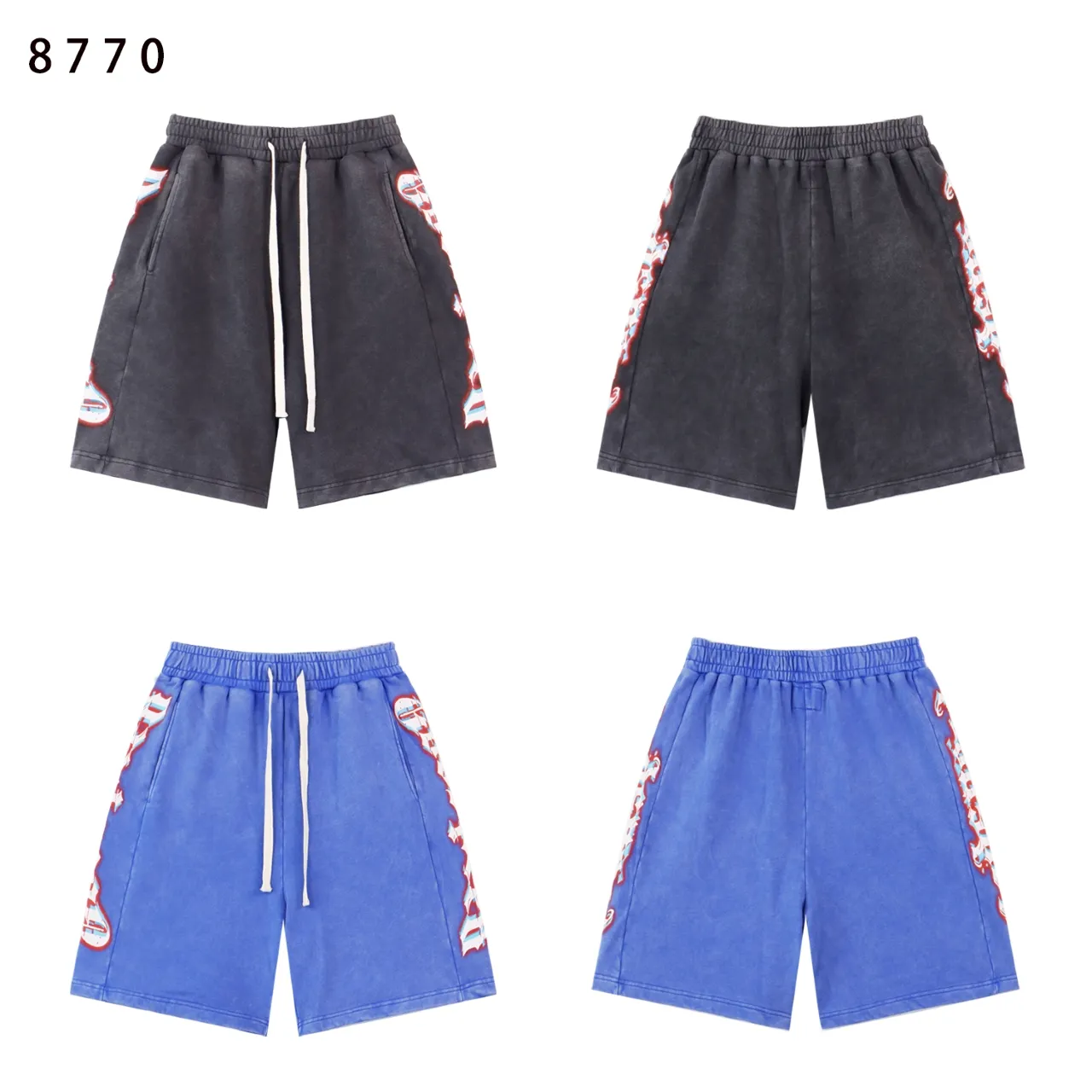 💰150 Style number: BR 8770 Fabric: 380g washed, real shot, beautiful and trendy Godspeed printed high quality double yarn casual fashion brand washed distressed spliced ​​shorts Color; washed black washed blue code number: S M L XL