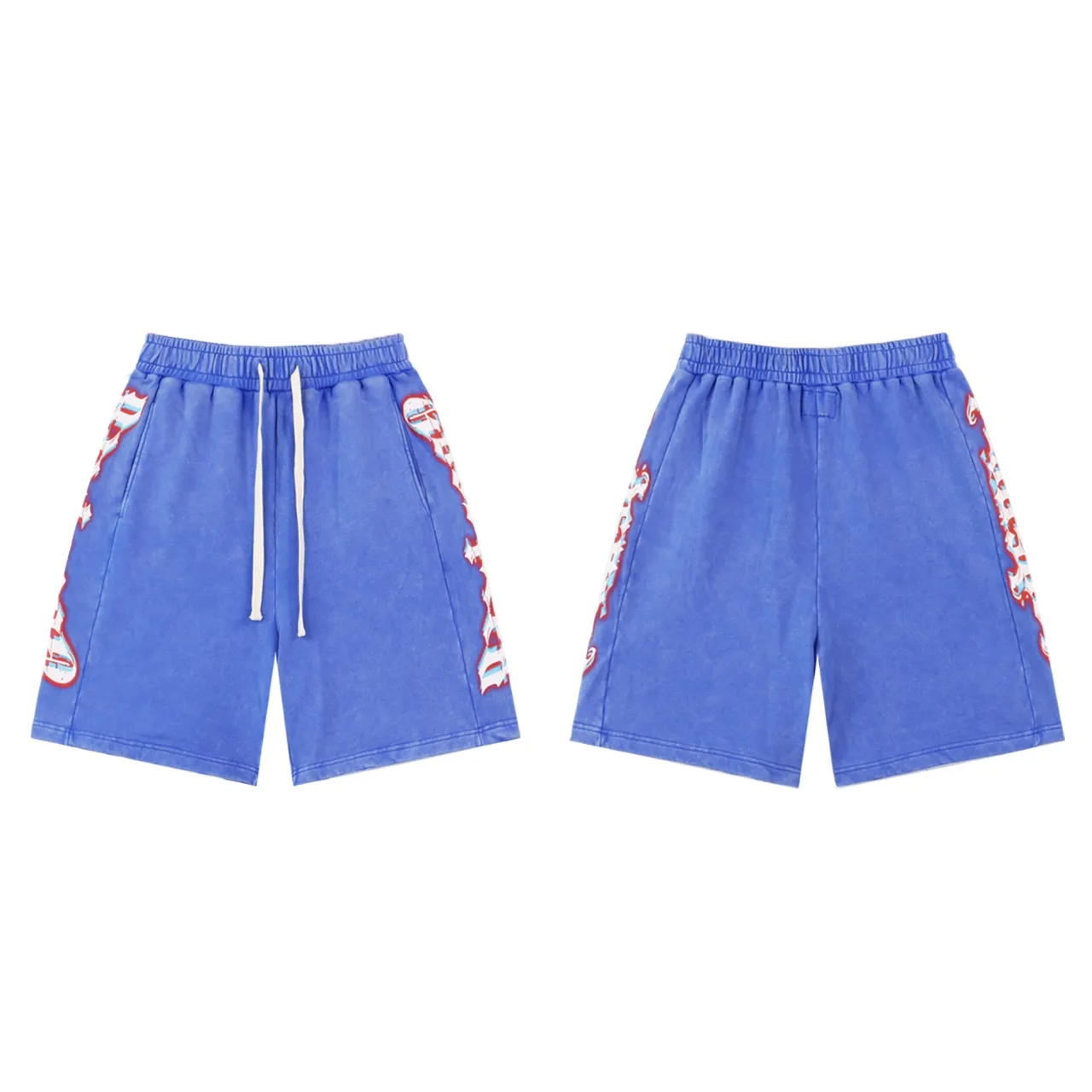 💰150 Style number: BR 8770 Fabric: 380g washed, real shot, beautiful and trendy Godspeed printed high quality double yarn casual fashion brand washed distressed spliced ​​shorts Color; washed black washed blue code number: S M L XL