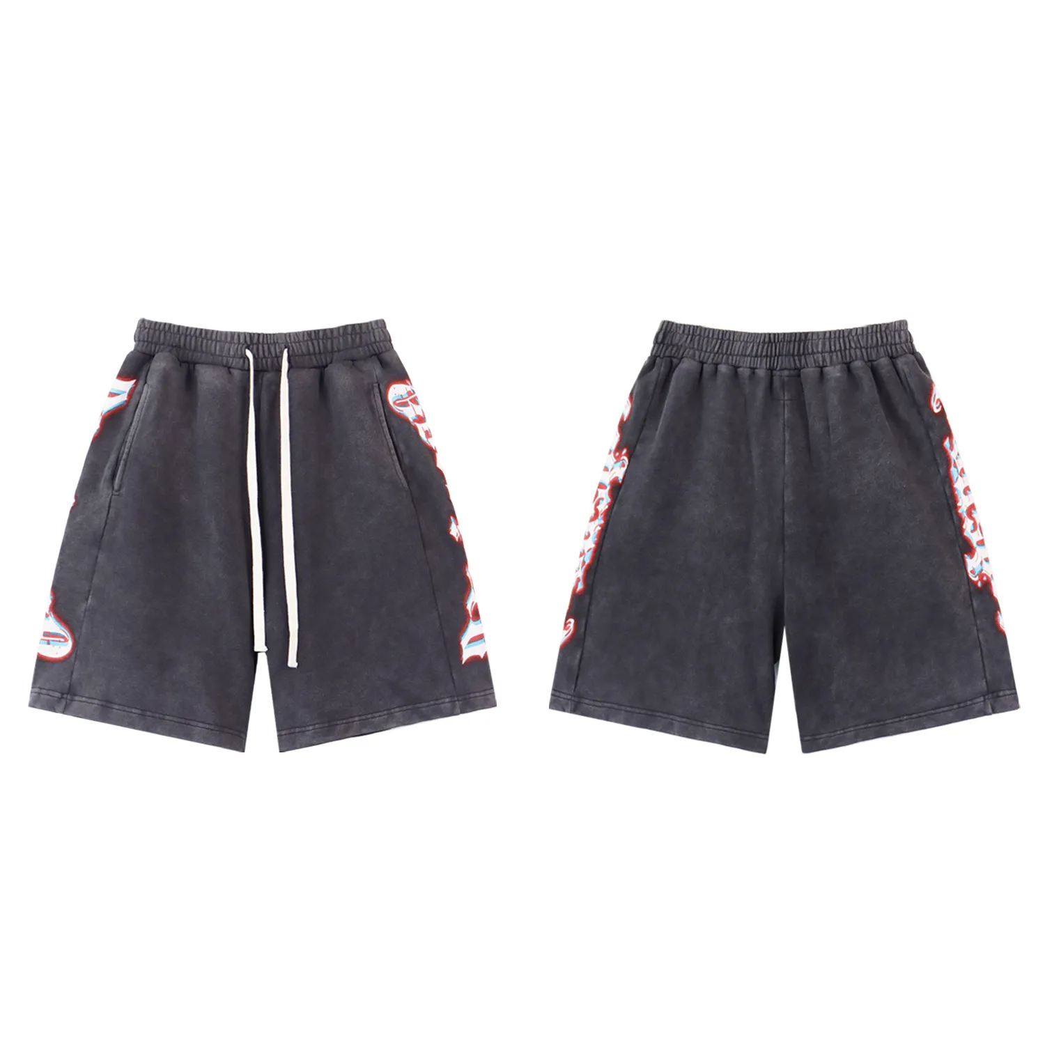 💰150 Style number: BR 8770 Fabric: 380g washed, real shot, beautiful and trendy Godspeed printed high quality double yarn casual fashion brand washed distressed spliced ​​shorts Color; washed black washed blue code number: S M L XL