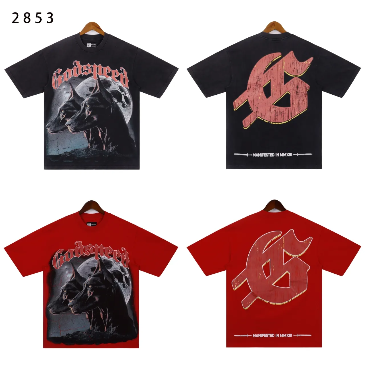 Style No.: 2853 Fabric: 230 grams washed P126 Real shot in stock beautiful trendy Godspeed dog head print washed and distressed high quality double yarn casual round neck short-sleeved T-shirt for men and women Color; washed black washed red Code number: S M L XL