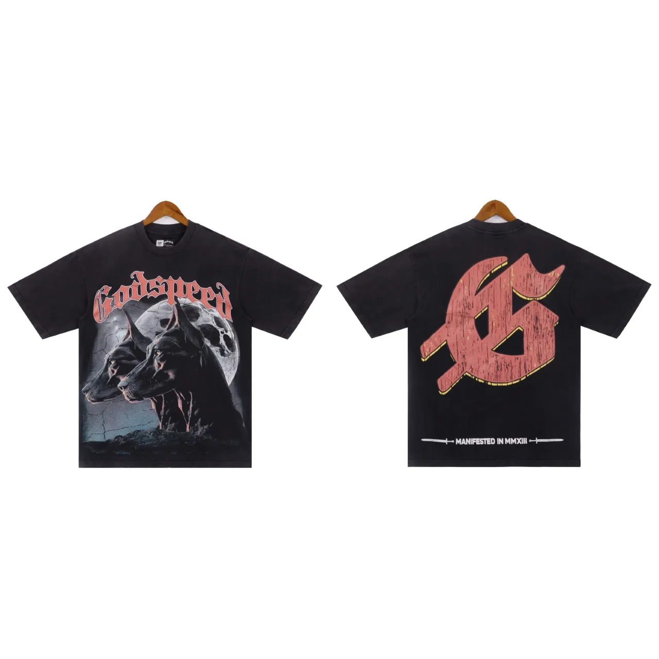 Style No.: 2853 Fabric: 230 grams washed P126 Real shot in stock beautiful trendy Godspeed dog head print washed and distressed high quality double yarn casual round neck short-sleeved T-shirt for men and women Color; washed black washed red Code number: S M L XL