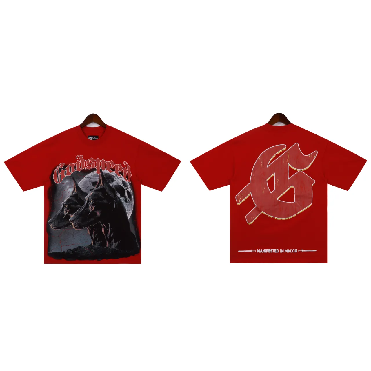Style No.: 2853 Fabric: 230 grams washed P126 Real shot in stock beautiful trendy Godspeed dog head print washed and distressed high quality double yarn casual round neck short-sleeved T-shirt for men and women Color; washed black washed red Code number: S M L XL