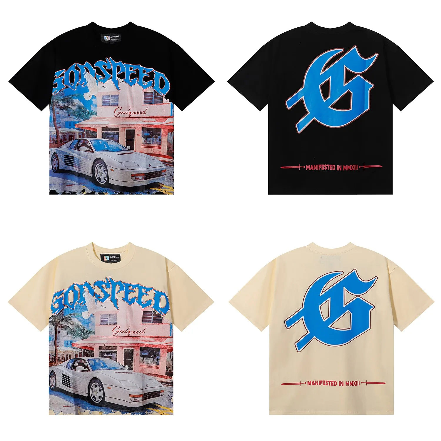 No. 7059, Meichao Godspeed convenience store white car printed high weight double yarn pure cotton casual short-sleeved T-shirt batch 110 Color: black, apricot; Size: S M L XL
