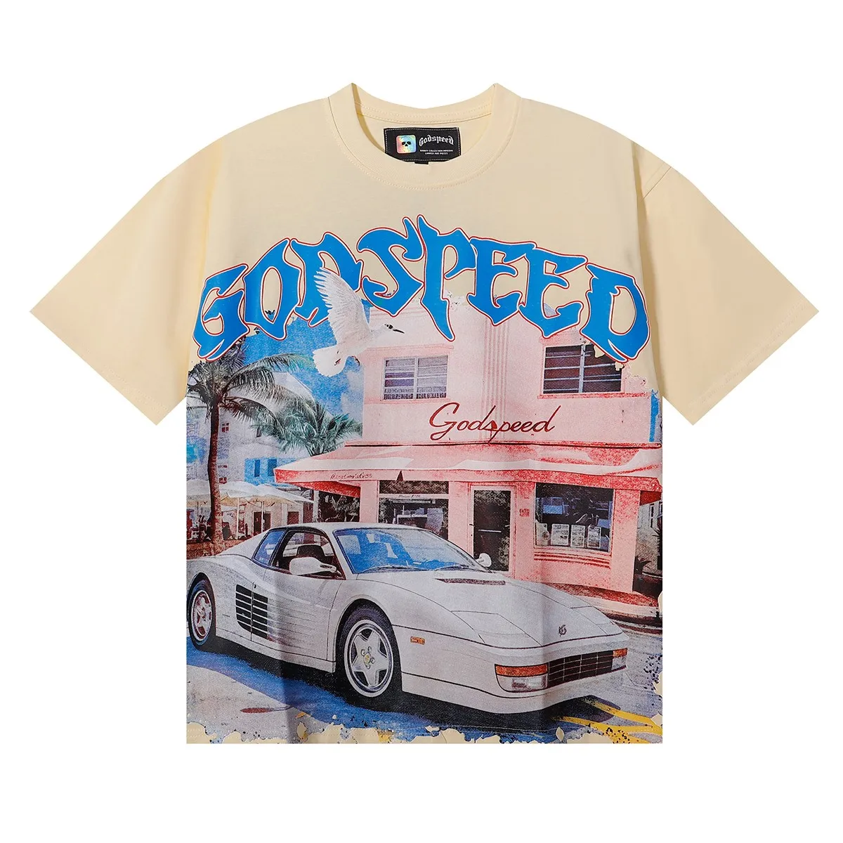 No. 7059, Meichao Godspeed convenience store white car printed high weight double yarn pure cotton casual short-sleeved T-shirt batch 110 Color: black, apricot; Size: S M L XL