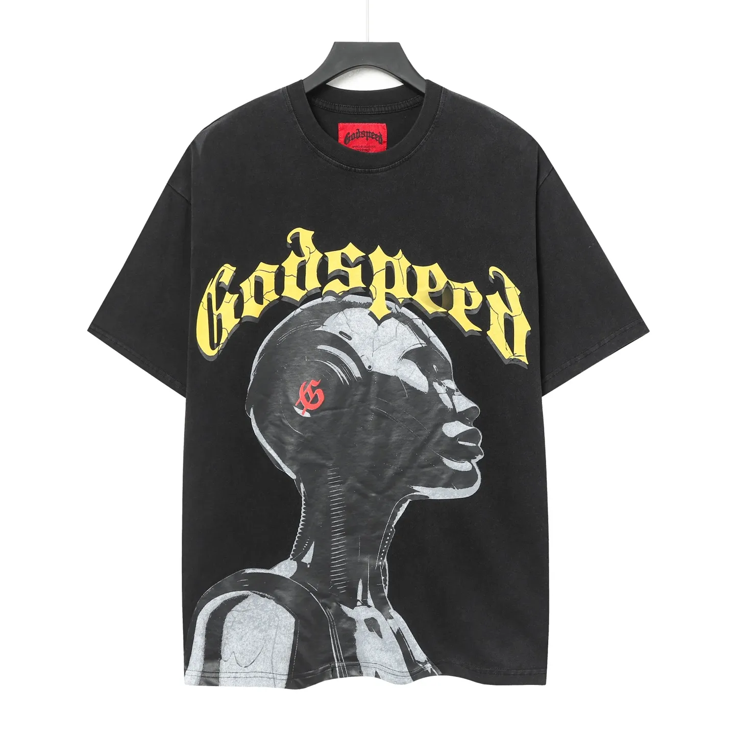 6007#washed black｜P116 Godspeed cross-border American rock and roll street washed retro style short-sleeved T (craft printing) fabric (fabric): 32 count combed double yarn 250g weight size (size): S-M-L-XL color (colour): washed black 👉 👉