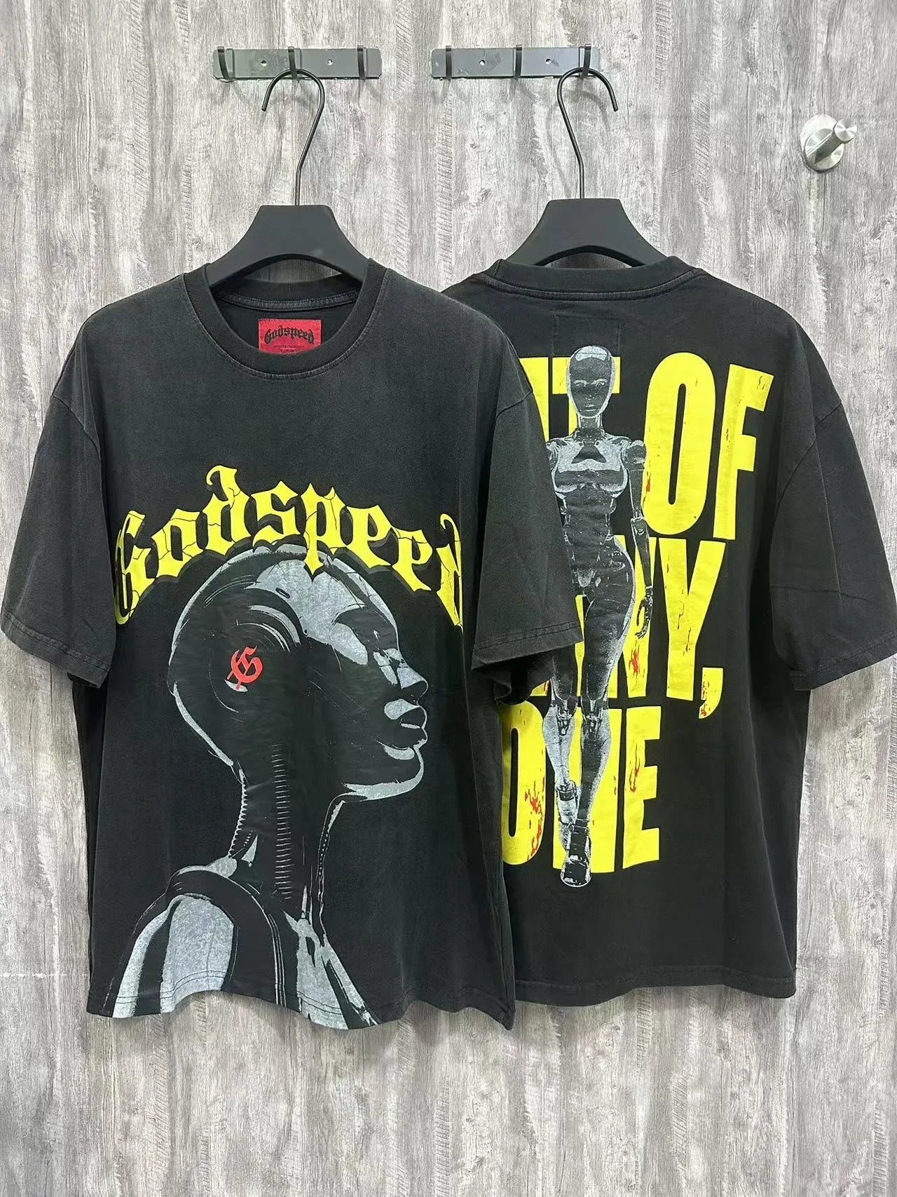 6007#washed black｜P116 Godspeed cross-border American rock and roll street washed retro style short-sleeved T (craft printing) fabric (fabric): 32 count combed double yarn 250g weight size (size): S-M-L-XL color (colour): washed black 👉 👉