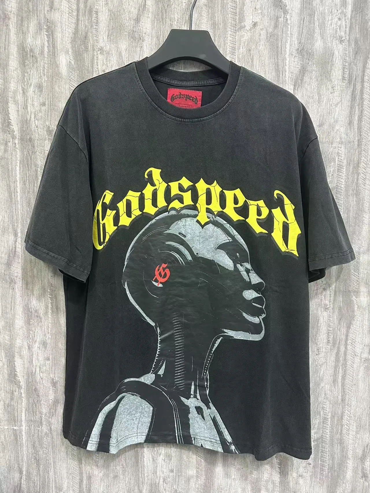 6007#washed black｜P116 Godspeed cross-border American rock and roll street washed retro style short-sleeved T (craft printing) fabric (fabric): 32 count combed double yarn 250g weight size (size): S-M-L-XL color (colour): washed black 👉 👉