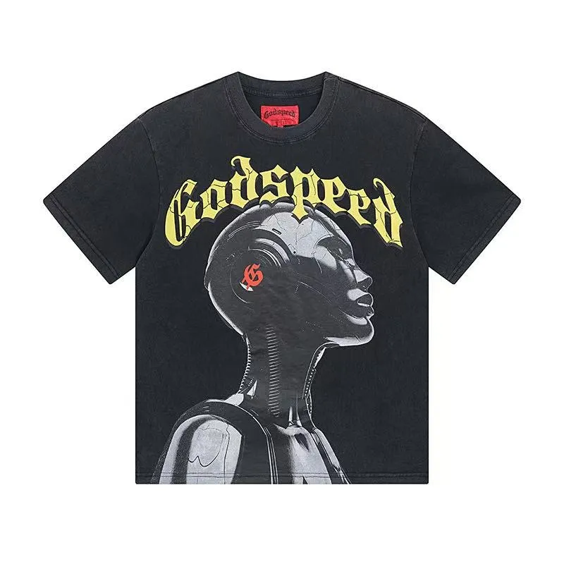 6007#washed black｜P116 Godspeed cross-border American rock and roll street washed retro style short-sleeved T (craft printing) fabric (fabric): 32 count combed double yarn 250g weight size (size): S-M-L-XL color (colour): washed black 👉 👉