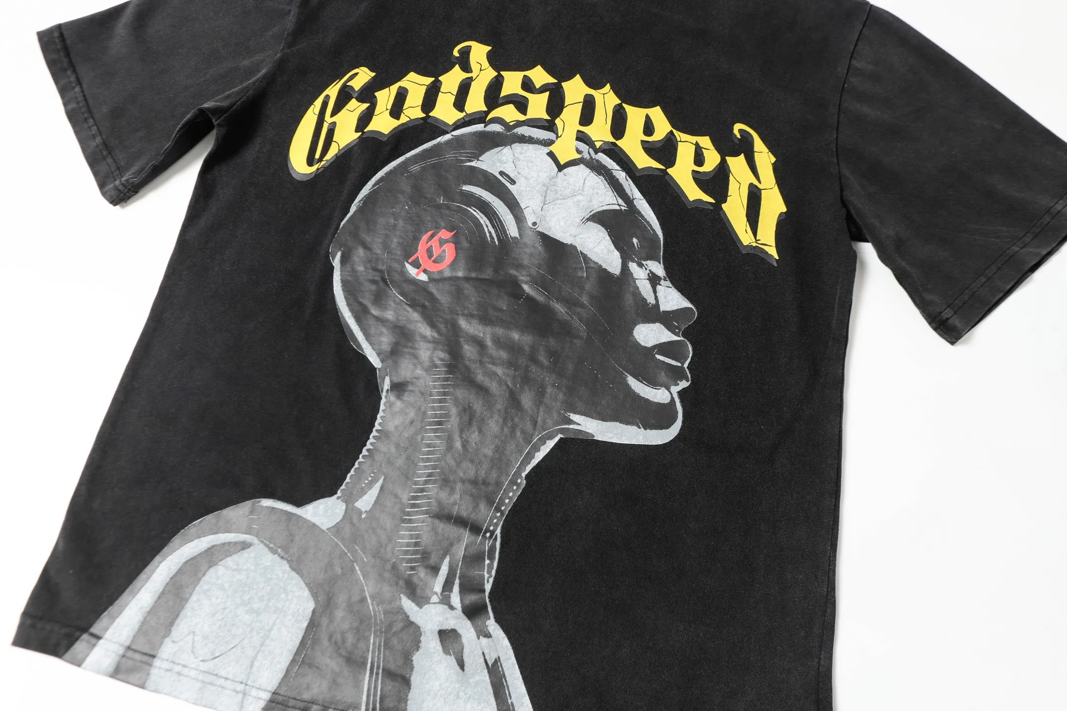 6007#washed black｜P116 Godspeed cross-border American rock and roll street washed retro style short-sleeved T (craft printing) fabric (fabric): 32 count combed double yarn 250g weight size (size): S-M-L-XL color (colour): washed black 👉 👉