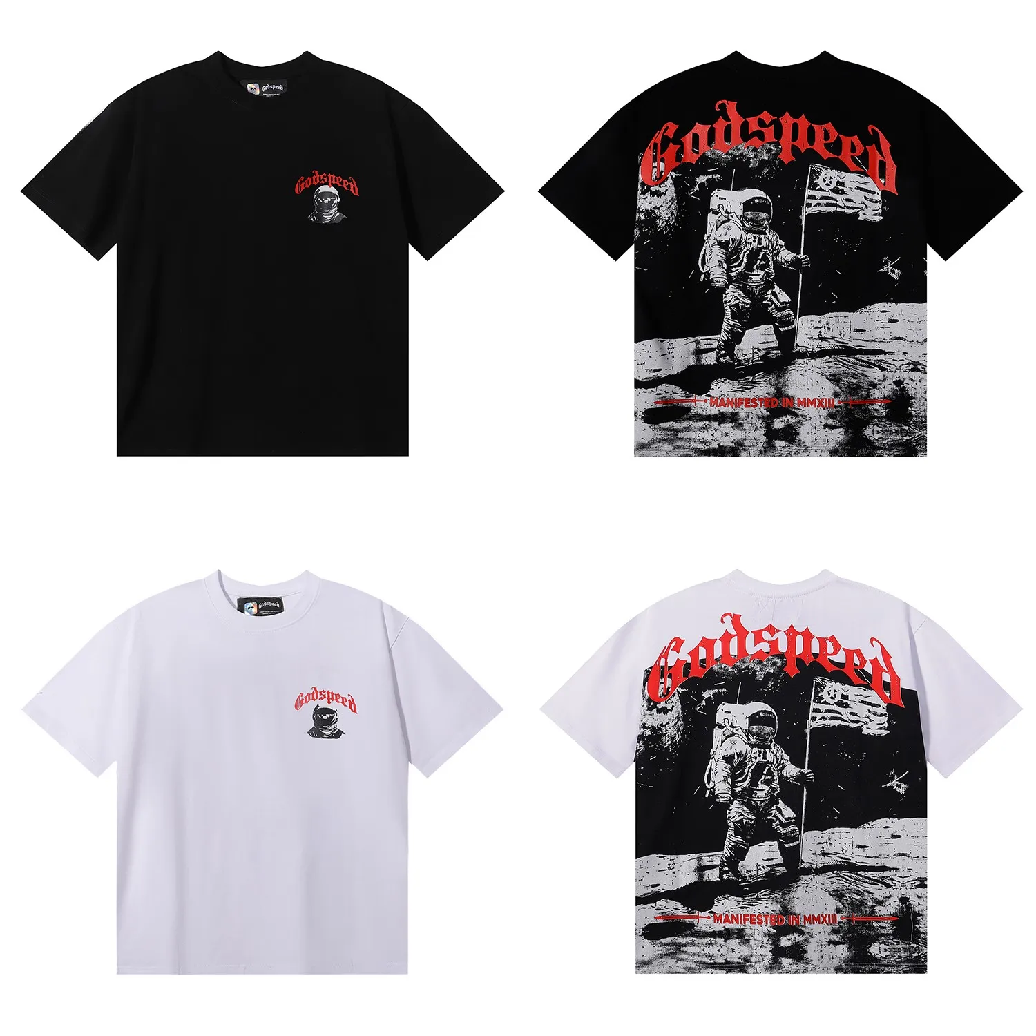No. 7068, Mechao Godspeed astronaut moon landing print high weight double yarn pure cotton casual short-sleeved T-shirt batch 110 Color: black, white; Size: S M L XL