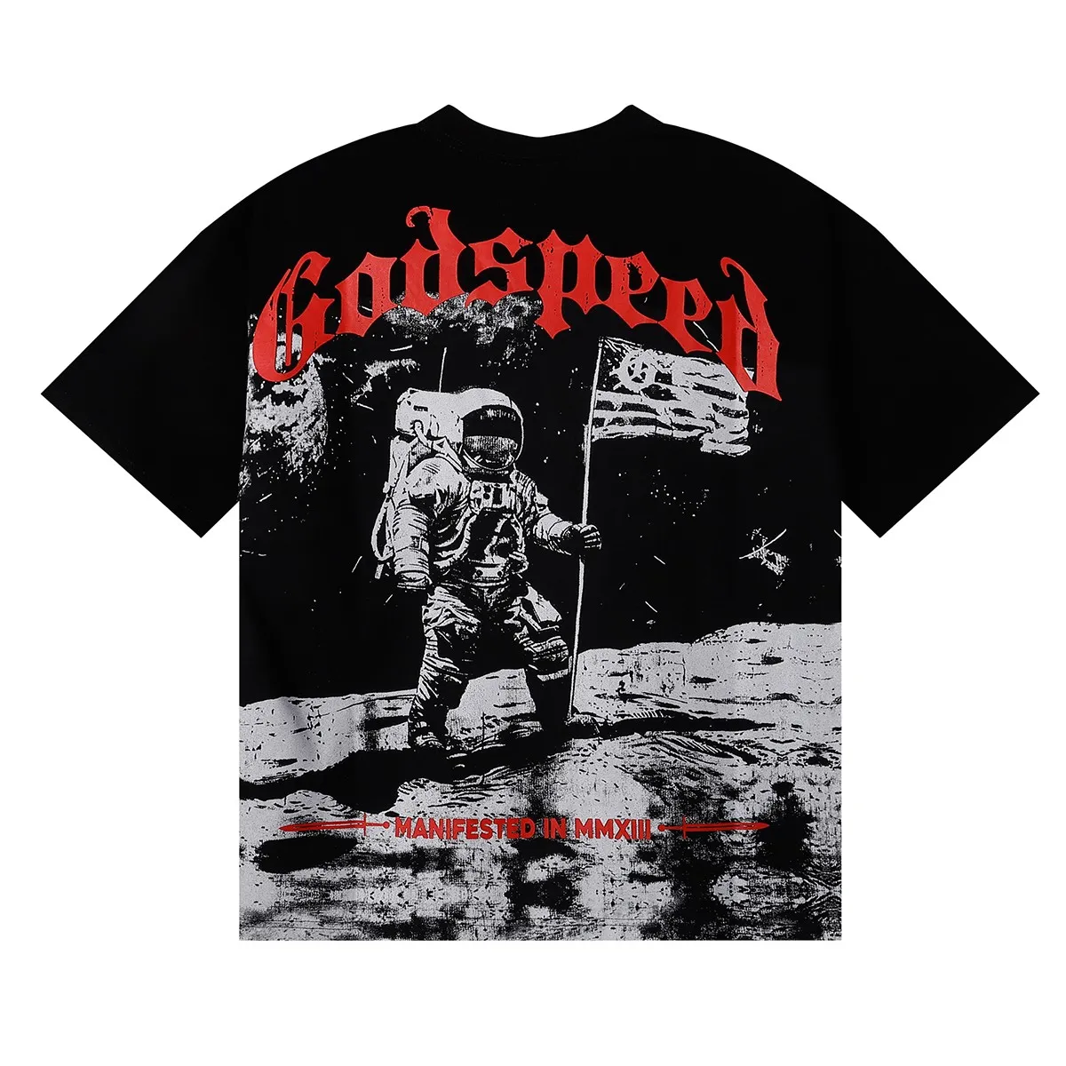 No. 7068, Mechao Godspeed astronaut moon landing print high weight double yarn pure cotton casual short-sleeved T-shirt batch 110 Color: black, white; Size: S M L XL