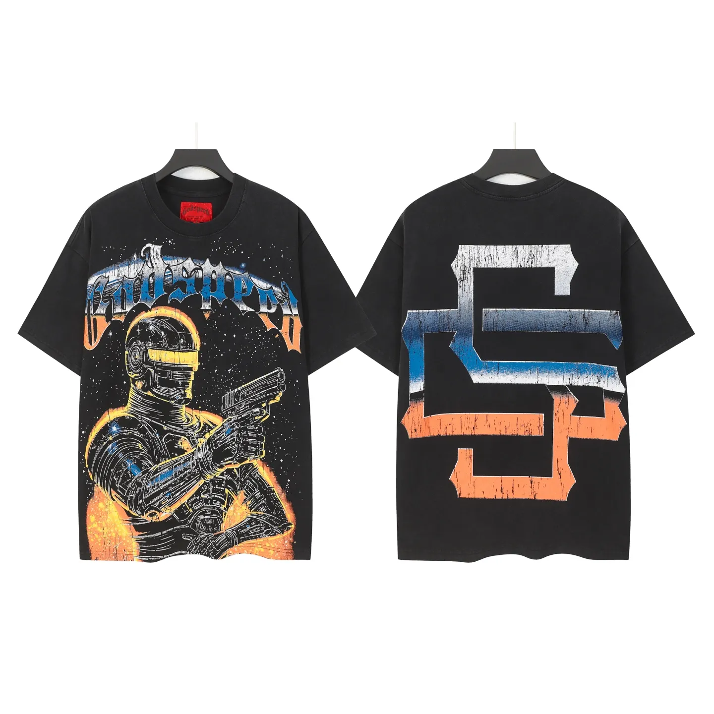 6106#washed black | P116 Godspeed cross-border American rock and roll street washed retro style short-sleeved T (craft printing) fabric (fabric): 32 count combed double yarn 250g weight code number (size): S-M-L-XL color (colour): washed black
