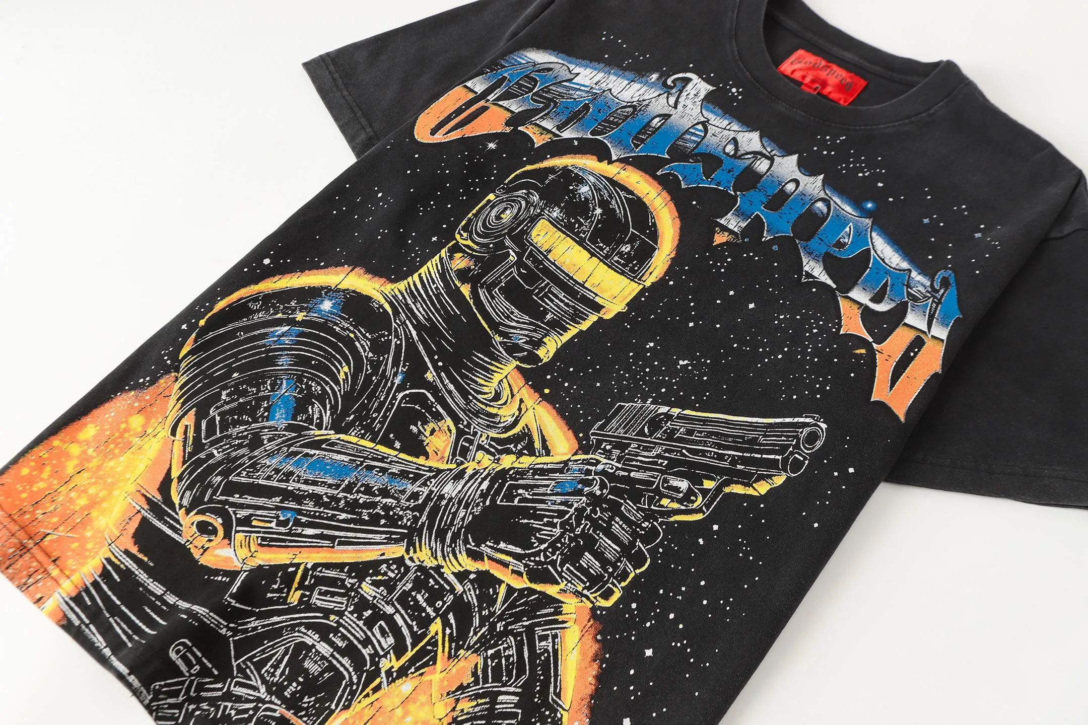 6106#washed black | P116 Godspeed cross-border American rock and roll street washed retro style short-sleeved T (craft printing) fabric (fabric): 32 count combed double yarn 250g weight code number (size): S-M-L-XL color (colour): washed black