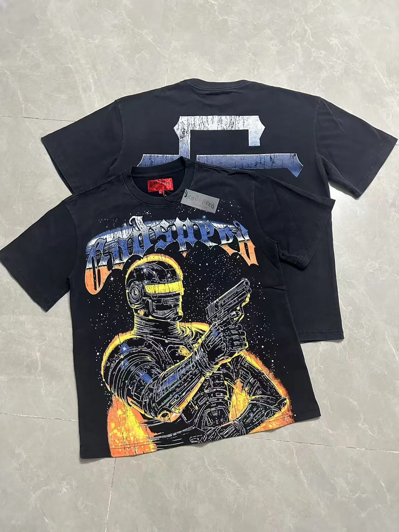 6106#washed black | P116 Godspeed cross-border American rock and roll street washed retro style short-sleeved T (craft printing) fabric (fabric): 32 count combed double yarn 250g weight code number (size): S-M-L-XL color (colour): washed black