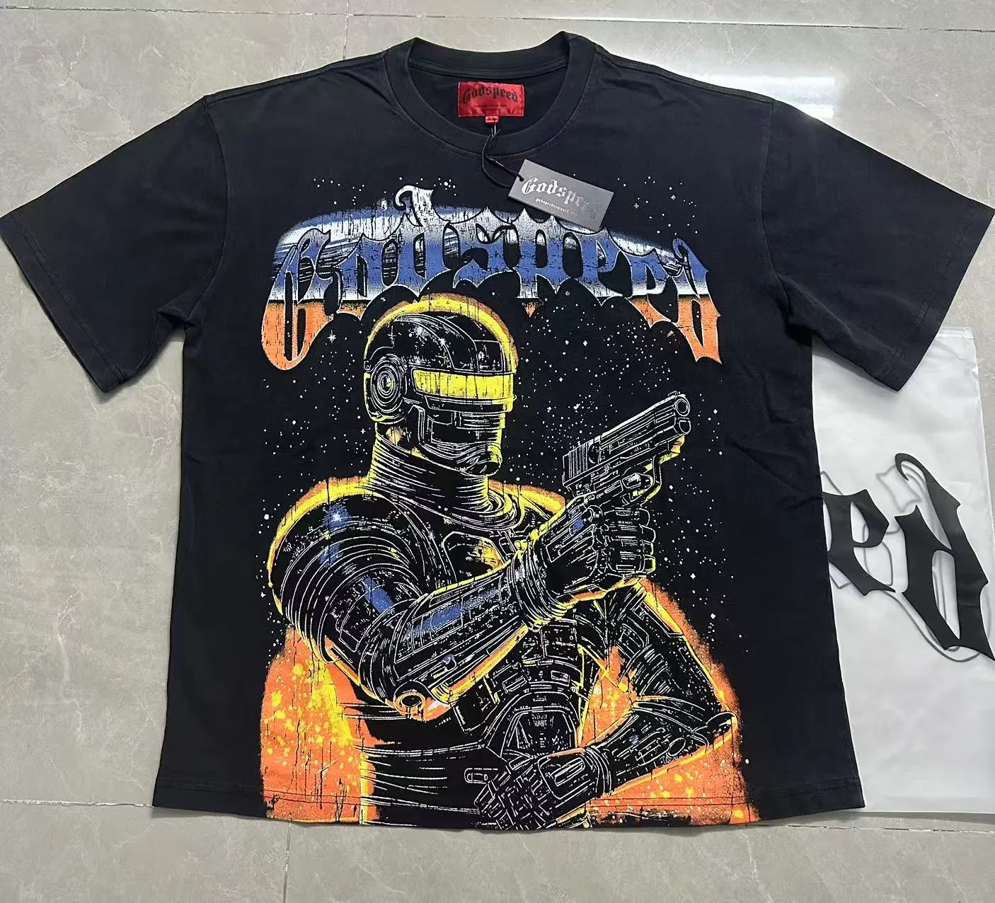 6106#washed black | P116 Godspeed cross-border American rock and roll street washed retro style short-sleeved T (craft printing) fabric (fabric): 32 count combed double yarn 250g weight code number (size): S-M-L-XL color (colour): washed black