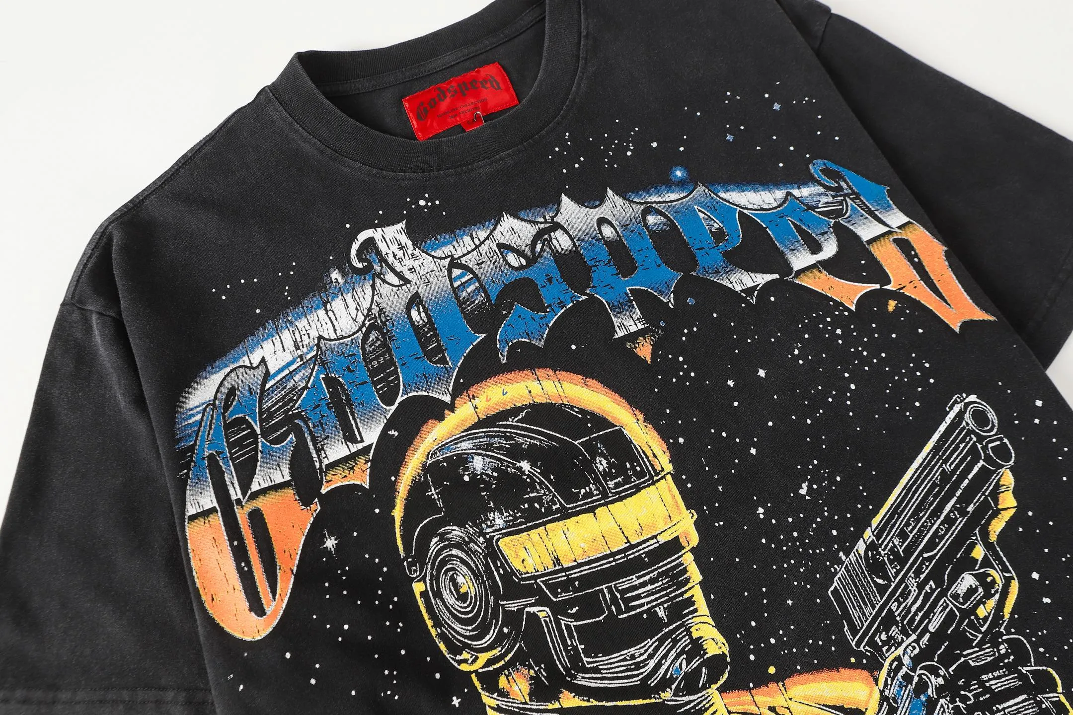 6106#washed black | P116 Godspeed cross-border American rock and roll street washed retro style short-sleeved T (craft printing) fabric (fabric): 32 count combed double yarn 250g weight code number (size): S-M-L-XL color (colour): washed black