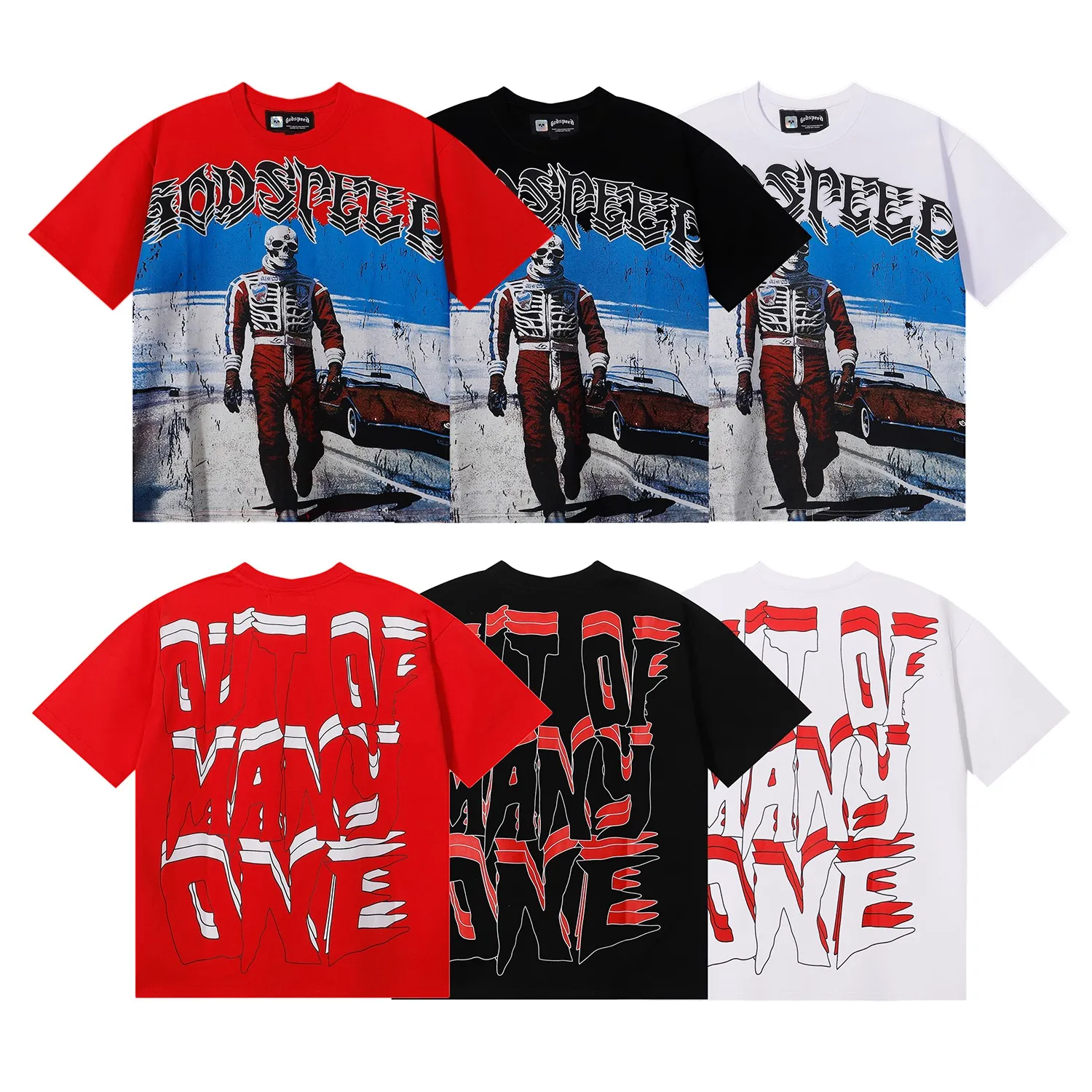 No. 7069, American fashion Godspeed sports car skull racer print high quality double yarn pure cotton casual short-sleeved T-shirt batch 110 Color: black, white, red; Size: S M L XL