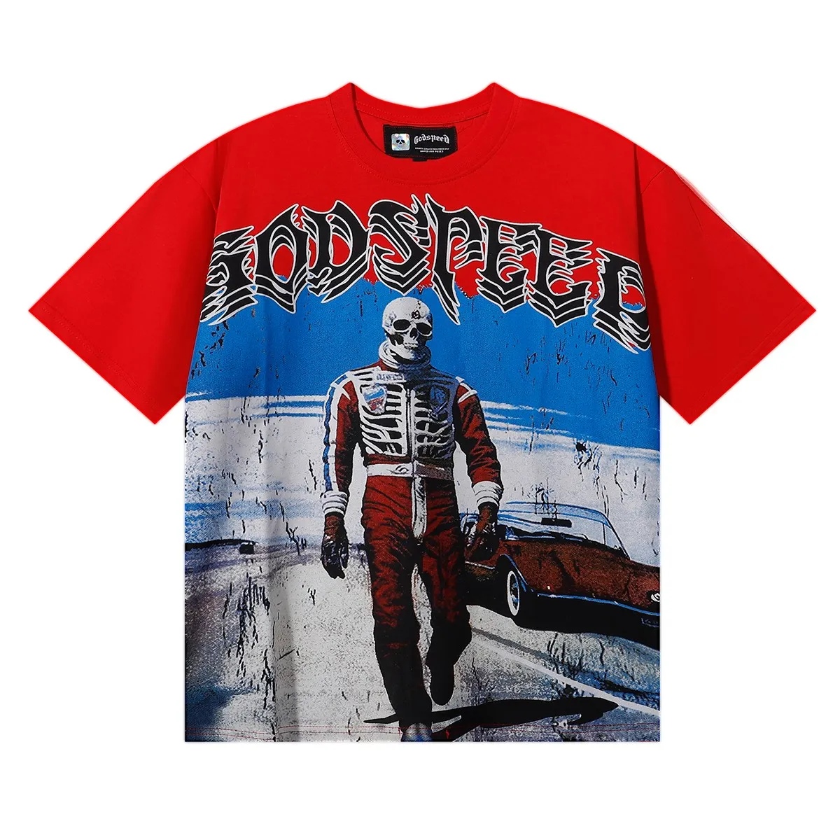 No. 7069, American fashion Godspeed sports car skull racer print high quality double yarn pure cotton casual short-sleeved T-shirt batch 110 Color: black, white, red; Size: S M L XL