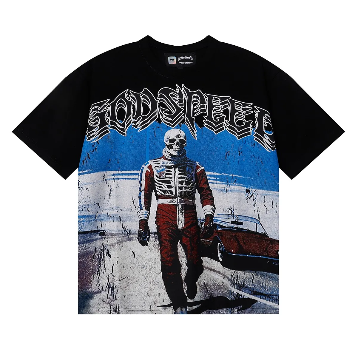 No. 7069, American fashion Godspeed sports car skull racer print high quality double yarn pure cotton casual short-sleeved T-shirt batch 110 Color: black, white, red; Size: S M L XL