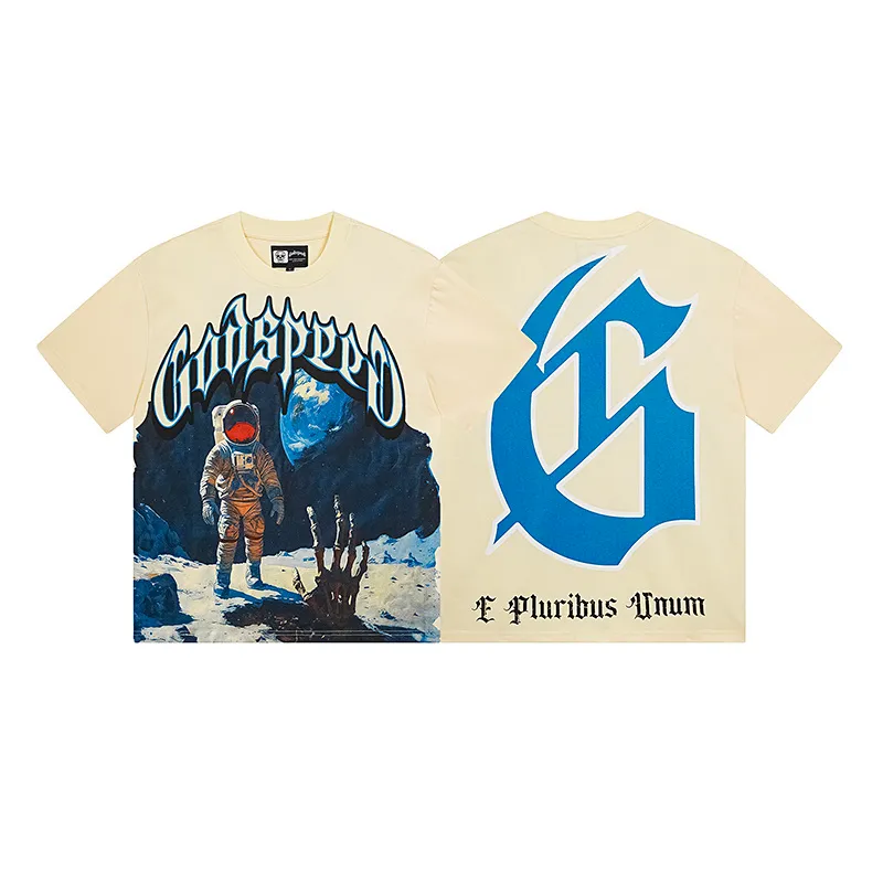 3123# P106 Real shot Godspeed American fashion rock street retro loose printed cotton short sleeves Fabric: 240g 32 count fine cotton double yarn pure cotton Color: apricot Size: S M L XL