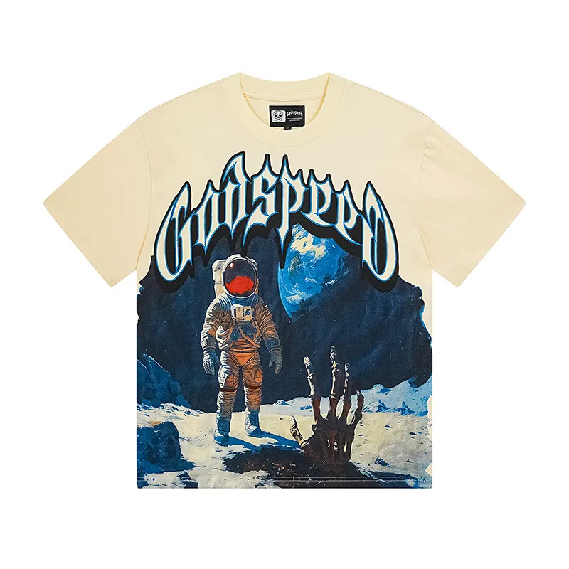 3123# P106 Real shot Godspeed American fashion rock street retro loose printed cotton short sleeves Fabric: 240g 32 count fine cotton double yarn pure cotton Color: apricot Size: S M L XL