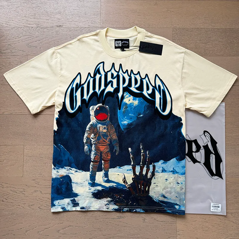 3123# P106 Real shot Godspeed American fashion rock street retro loose printed cotton short sleeves Fabric: 240g 32 count fine cotton double yarn pure cotton Color: apricot Size: S M L XL