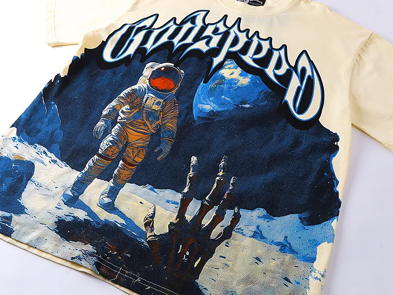 3123# P106 Real shot Godspeed American fashion rock street retro loose printed cotton short sleeves Fabric: 240g 32 count fine cotton double yarn pure cotton Color: apricot Size: S M L XL