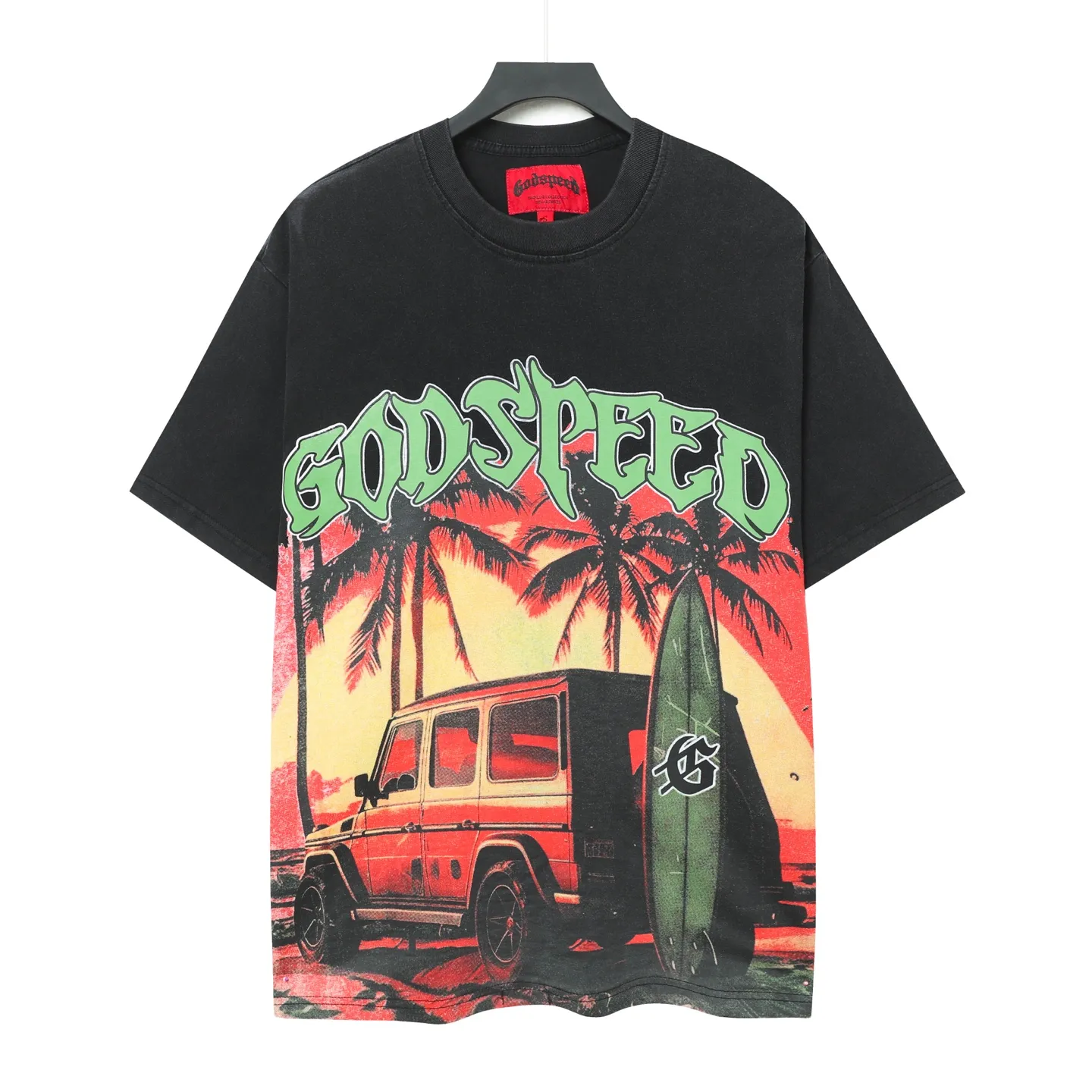 6072#washed black｜P116 Godspeed cross-border American rock and roll street washed retro style short-sleeved T (craft printing) fabric (fabric): 32 count combed double yarn 250g weight size (size): S-M-L-XL color (colour): washed black