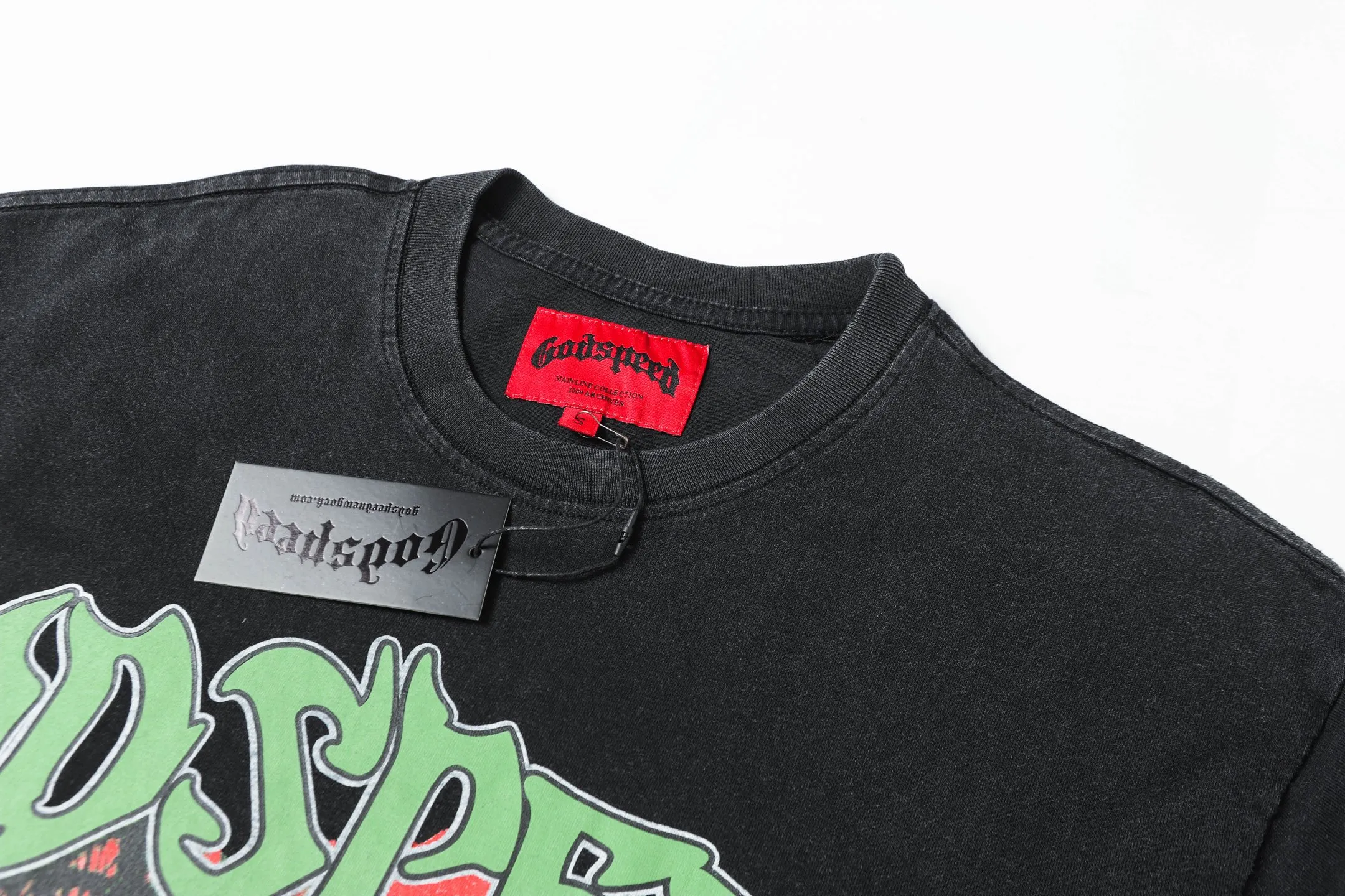 6072#washed black｜P116 Godspeed cross-border American rock and roll street washed retro style short-sleeved T (craft printing) fabric (fabric): 32 count combed double yarn 250g weight size (size): S-M-L-XL color (colour): washed black