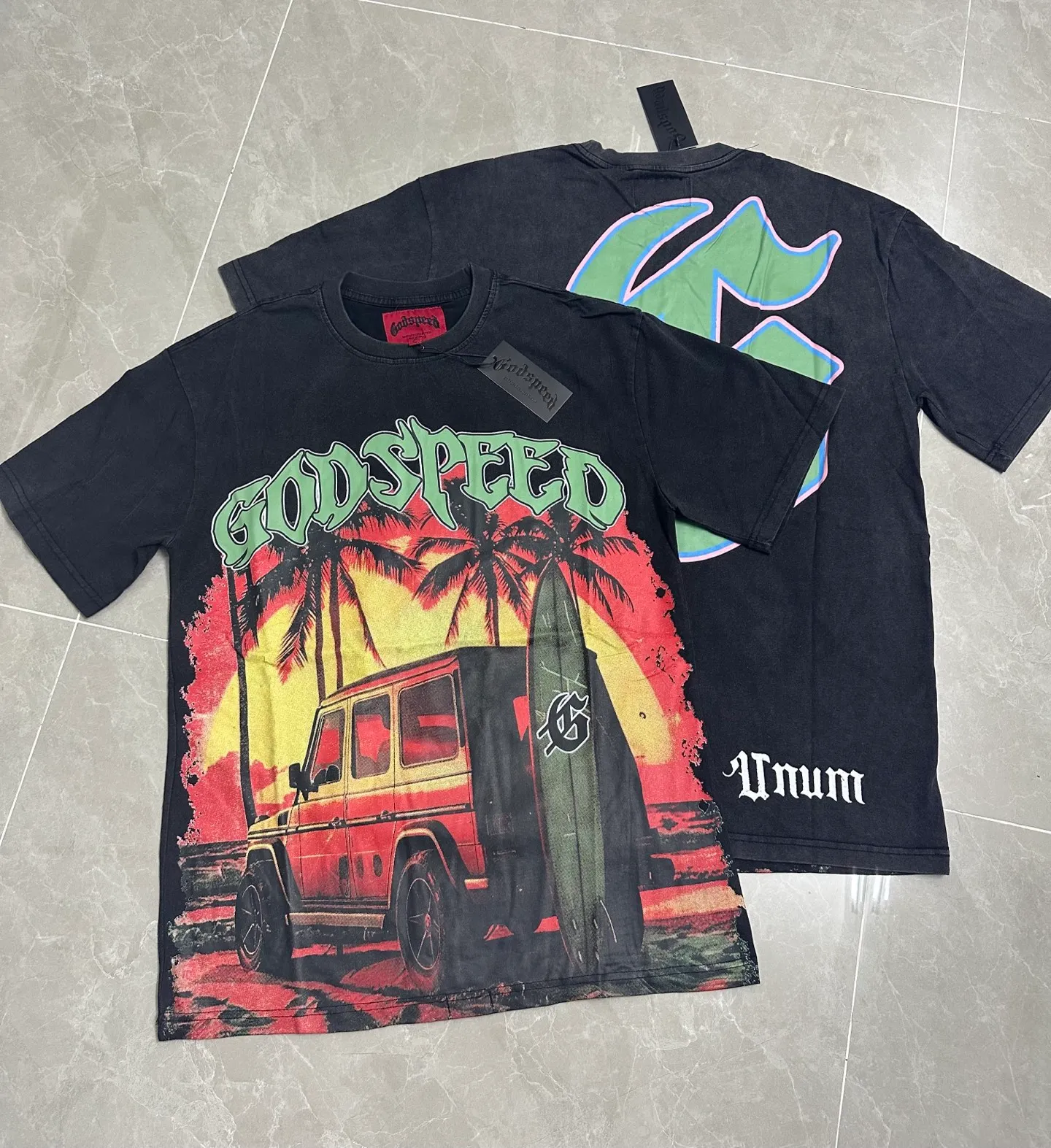 6072#washed black｜P116 Godspeed cross-border American rock and roll street washed retro style short-sleeved T (craft printing) fabric (fabric): 32 count combed double yarn 250g weight size (size): S-M-L-XL color (colour): washed black