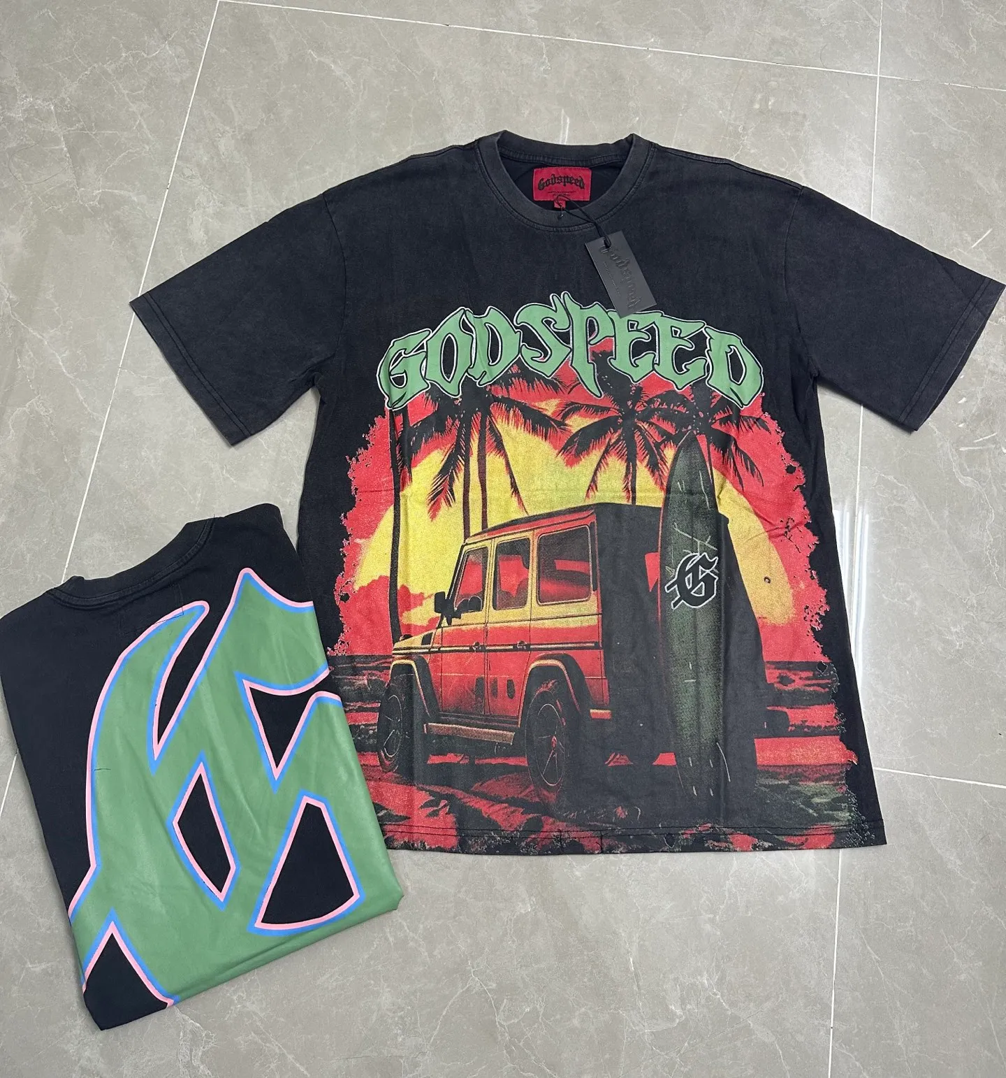 6072#washed black｜P116 Godspeed cross-border American rock and roll street washed retro style short-sleeved T (craft printing) fabric (fabric): 32 count combed double yarn 250g weight size (size): S-M-L-XL color (colour): washed black